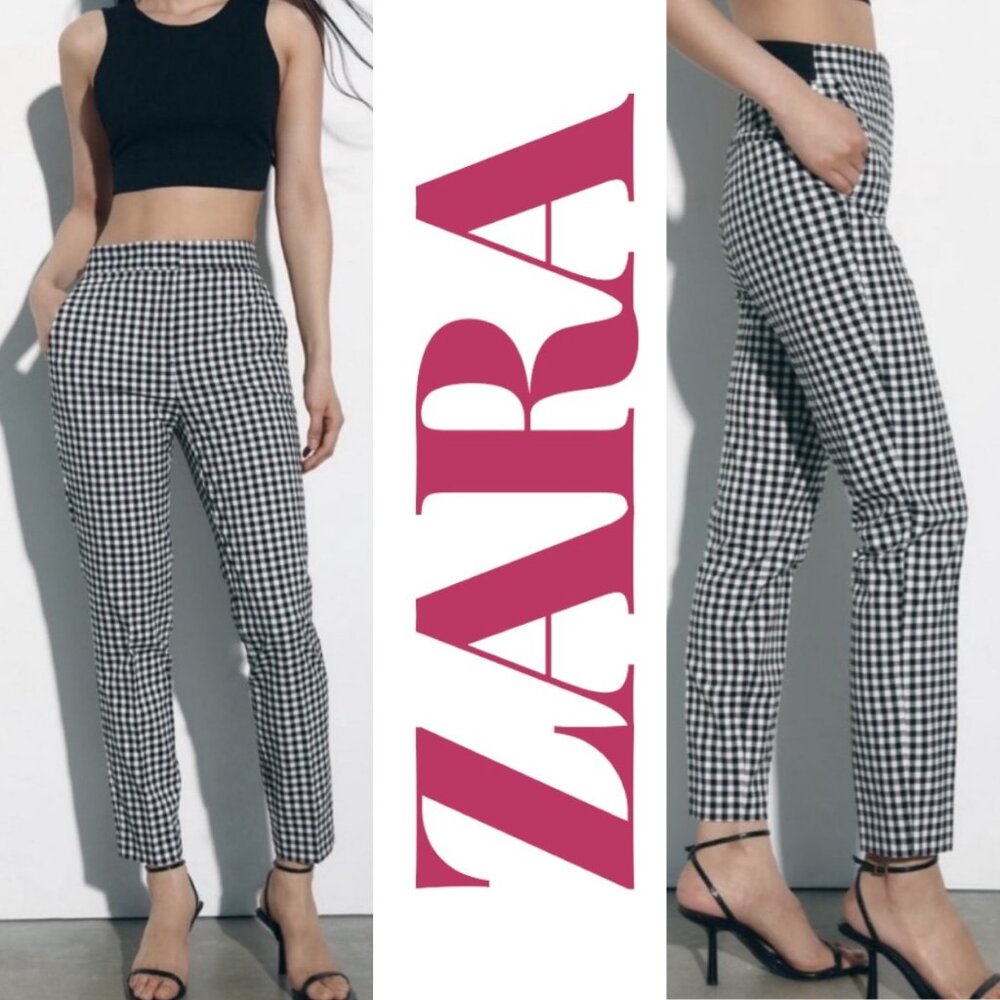 ZARA GINGHAM HIGH RISE MONOCHROME SLIM STRAIGHT ANKLE DRESS PANTS Y2K PUNK LARGE